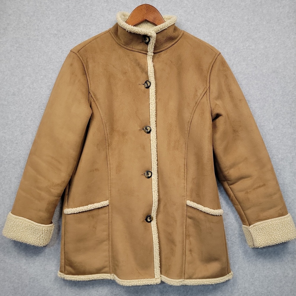 Vtg LL Bean Sherpa Lined Womens Faux Suede Shearling Jacket Coat Tan Brown Sz M